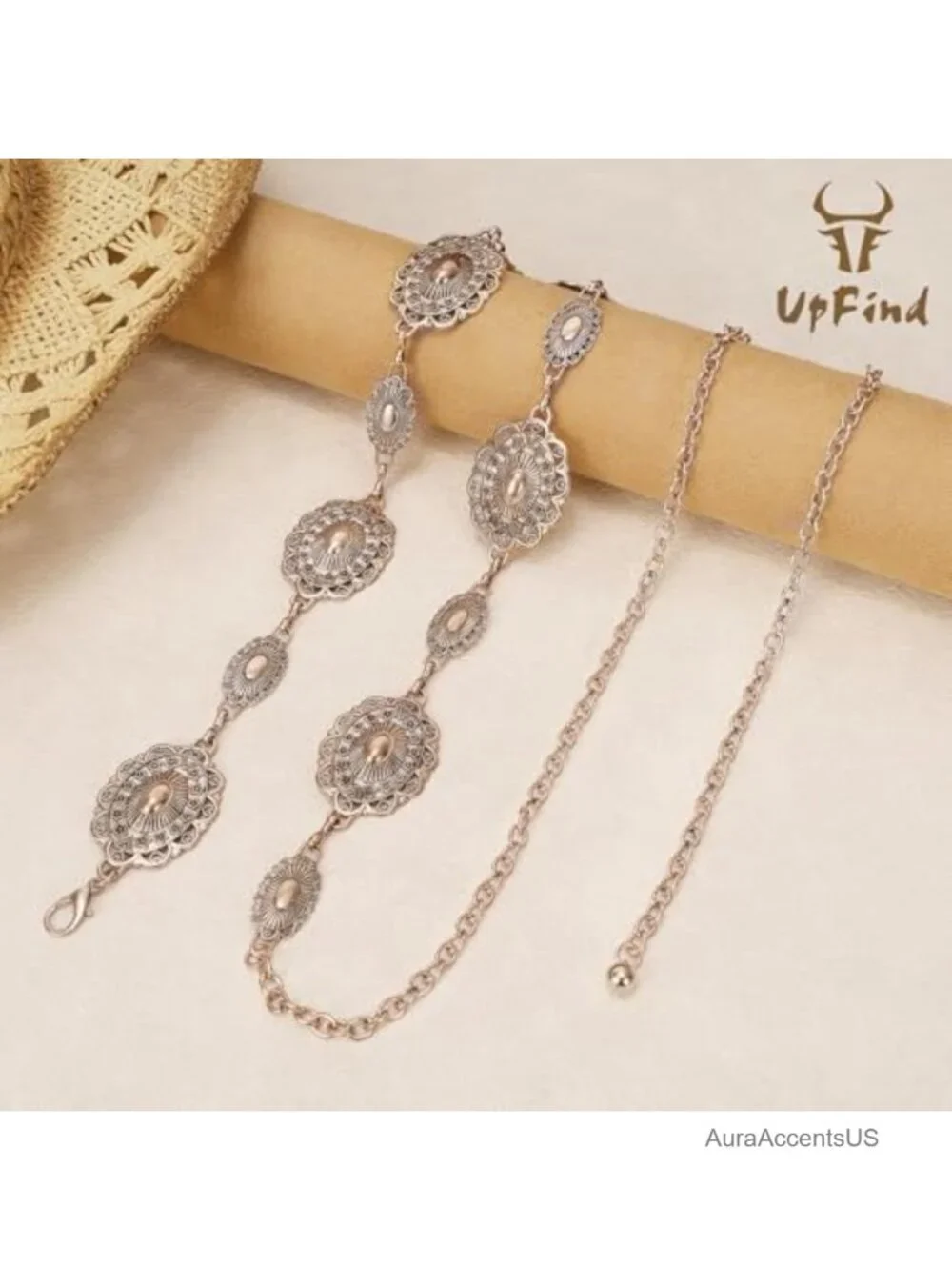 Western Metal Chain Belt Concho Cowgirl Waist Link for Jeans Dresses Concert